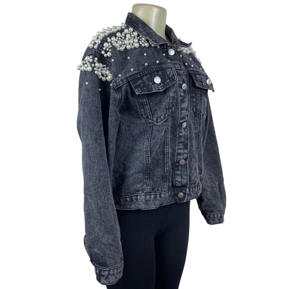 Womens Black Denim Pearl Embellished Jacket With Button Front & Chest Pockets - Picture 2 of 7